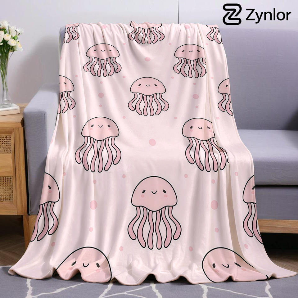 Pink Cute Jellyfish Dot Cartoon Anime Print Flannel Blanket Soft Warm Throw for Kids Bedroom Sofa Bed Christmas Office Car