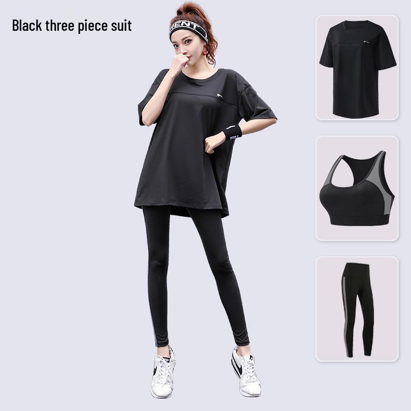 Plus Size Sporty Yoga Three-Piece Set - Breathable, Loose-Fit, Quick-Dry Short Sleeve Fitness Wear for Spring/Summer