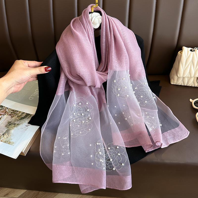 Elegant Organza Silk Scarf With Beads Solid Color 190*70Cm Long Scarves Embroidery Flowers Pearl Solid Shawls For Women Hijab
