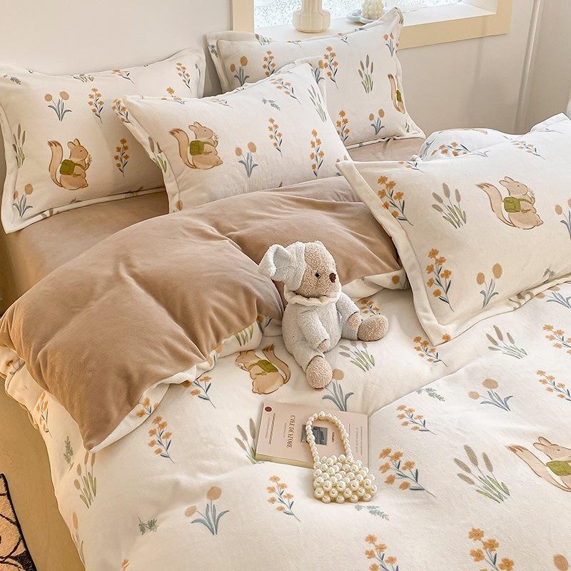Winter Thickened Milk Velvet Four-piece Set Plus Velvet Warm Coral Velvet Quilt Cover Flannel Sheet Quilt Cover Bedding