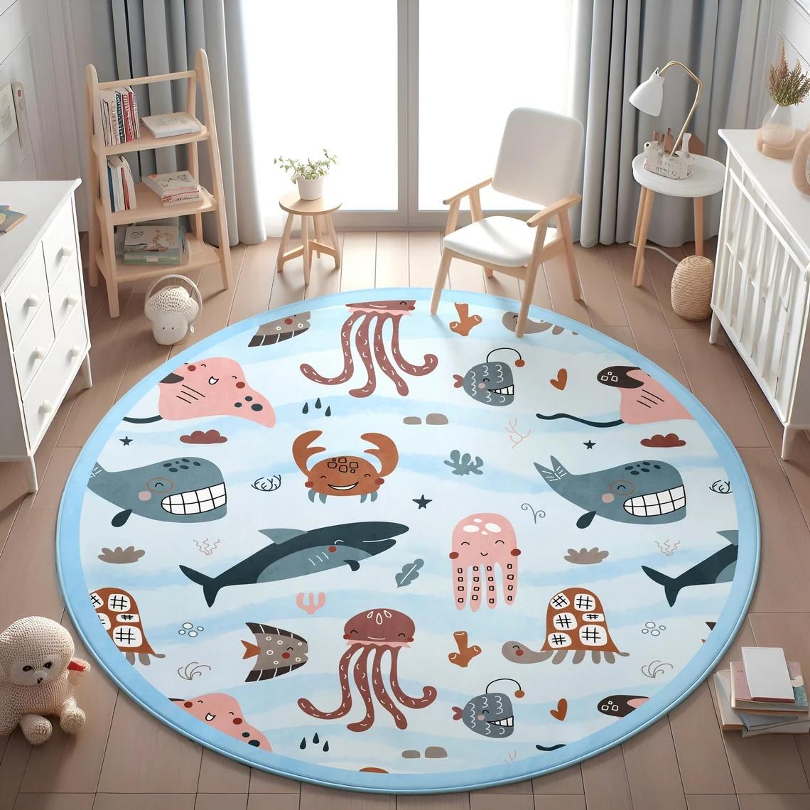 

Blue Marine animal Round Carpet for Living Room Baby Girl Room Kids Playroom Mat Bedroom Soft Rug Nursery Decor kid s playmat 120x120cm