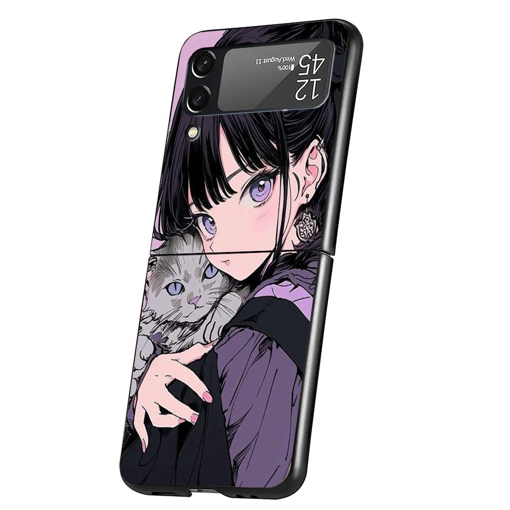 Anime Girls Cute Black Cat Cover Phone Case For Samsung Galaxy Z Flip 7 6 5 4 3 5G Flip7 Flip6 Flip5 Flip4 Flip3 Black Fundas Sh