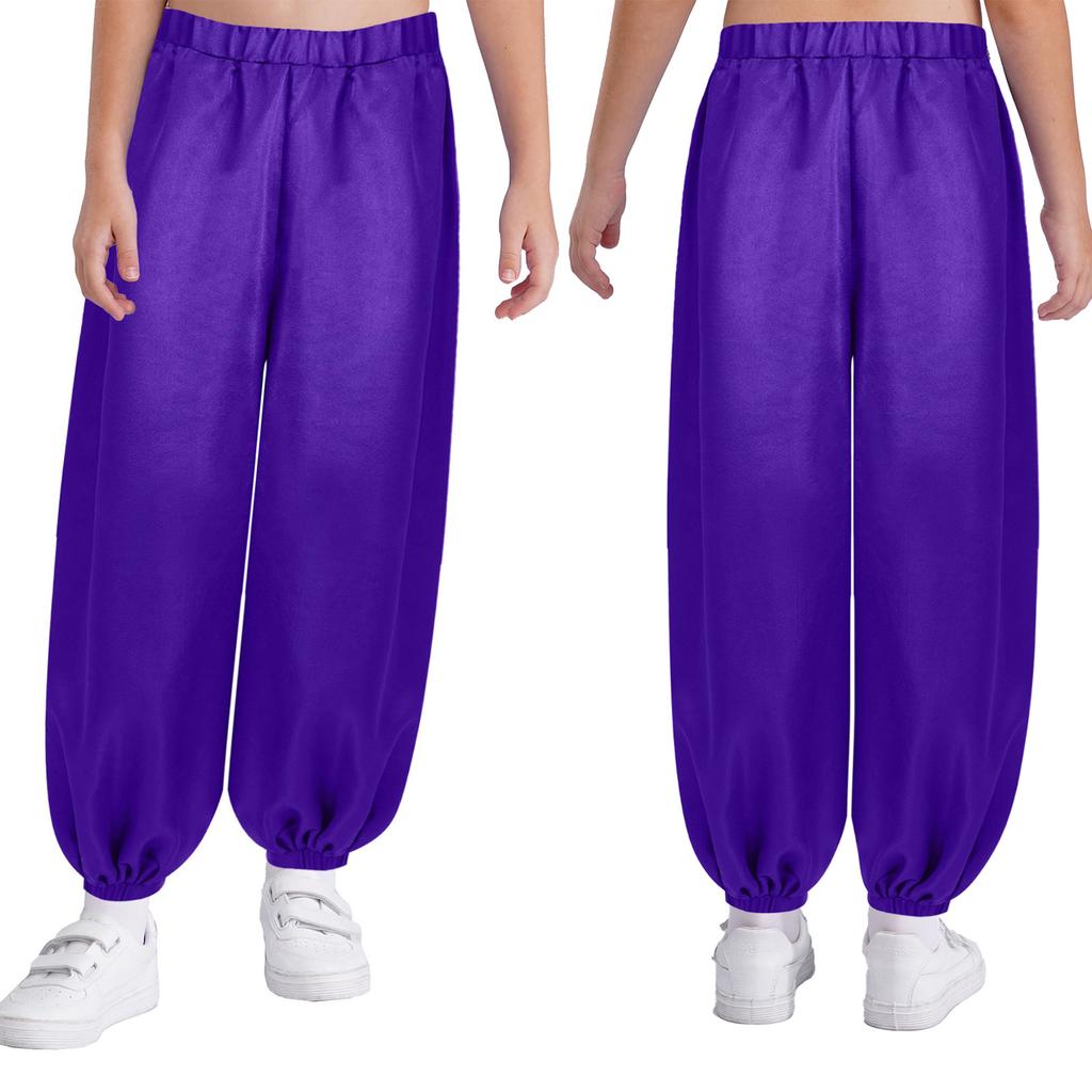 Girls Satin Bloomers Belly Dance Pants Elastic Waistband Loose Fit Solid Color Performance Outfit