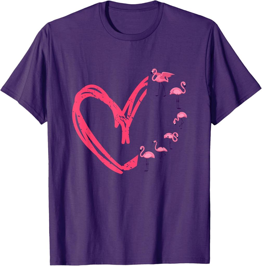 Flamingo Heart Graphic T-Shirt Casual Men's Short Sleeve Crewneck Cotton Tee Valentine Day