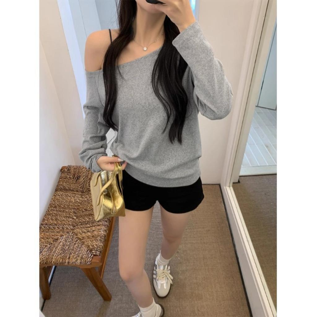 Dames Off Shoulder Lange Mouwen Losse Pasvorm T-shirt Effen Kleur Casual Herfst Top