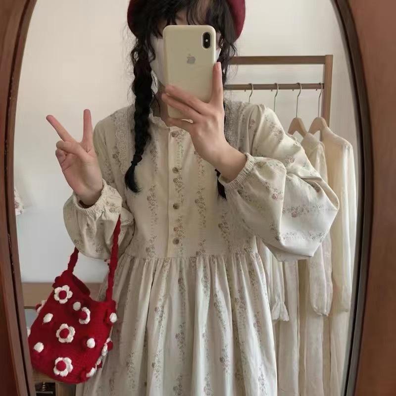 

Осеннее вельветовое платье с цветочным принтом 2024: Сладкое кружево, круглый вырез, кружевная вставка, свободный длинный рукав, средней длины для женщин S (45-52 kg)