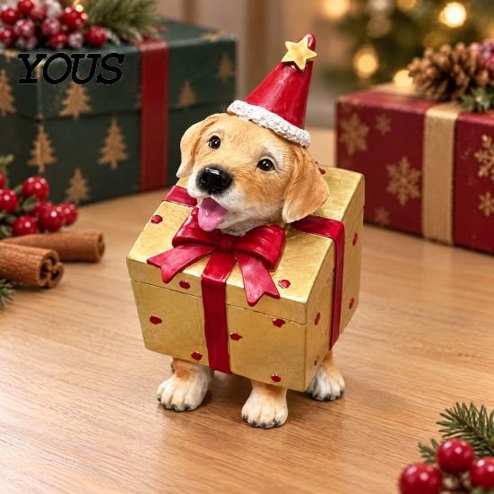 Christmas Party Supplies Dog Figurine, Resin Puppy Statue in Tree & Gift Small Animal Figurines Box Costume, Festive Desktop Mantel Decor,