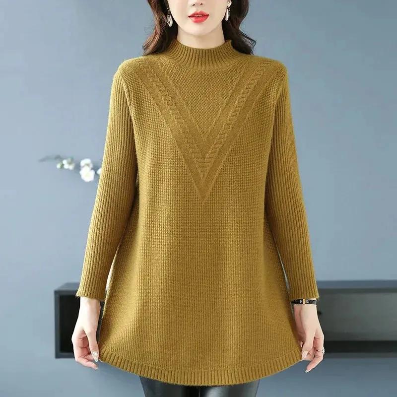 Maglione da donna a tinta unita di media lunghezza per autunno e inverno, effetto invecchiato, aderente, elegante, pullover in maglia