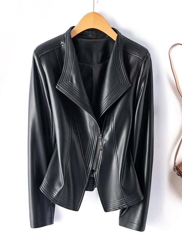 Women's Plus Size Slimming Leather Motorcycle Jacket with Lapel, Multi-color