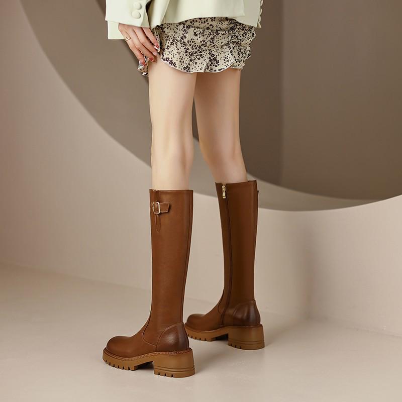 British Style High Tube Women's Knight Boots with Side Zipper, Round Toe, Chunky High Heels – 2025 Autumn/Winter Collection.