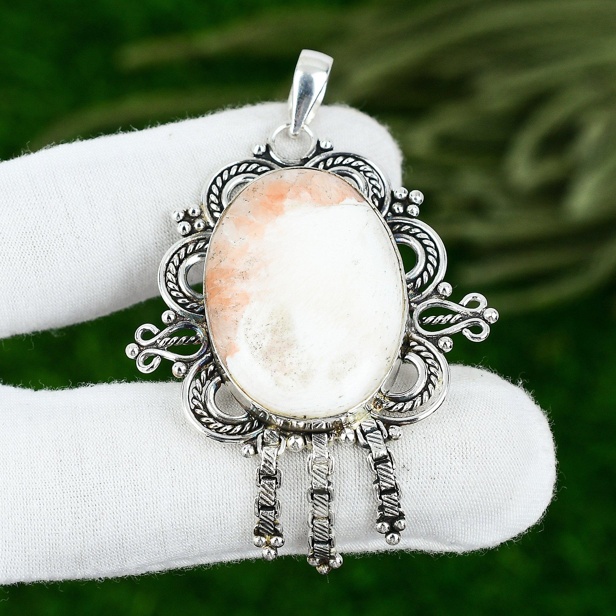 

Easter Deal Sterling Silver Oval Natural Scolecite Crown Chakra Bezel Pendant