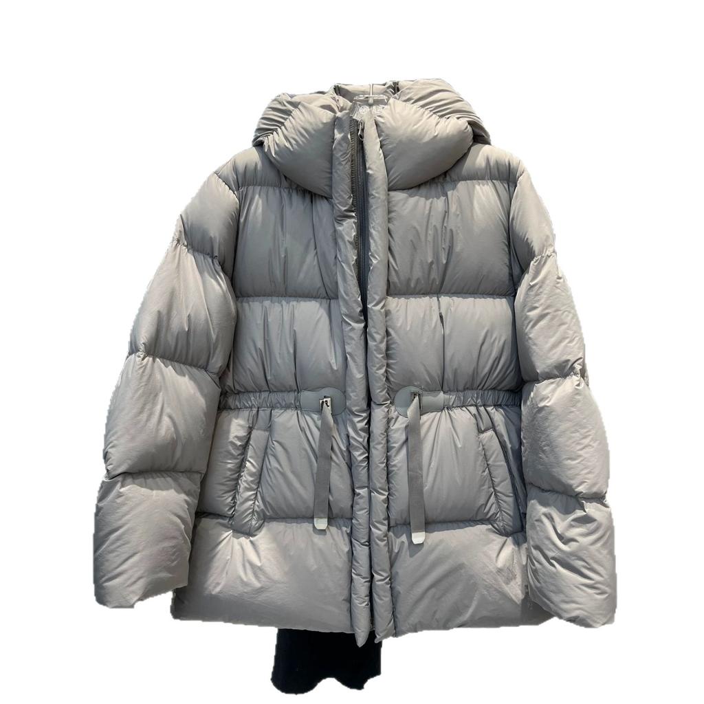 Autumn and winter new hooded white duck down jacket women's medium and long drawstring waist temperament jacket