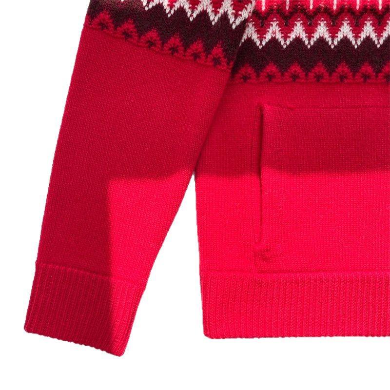 Women's Pure Cashmere Fair Isle Zip-Up Cardigan Sweater, Long Sleeve, Stand Collar, New Year Red