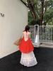 Red Off-the-Shoulder Halterneck Chiffon Top + Wide-Leg Skirt Two-Piece Set