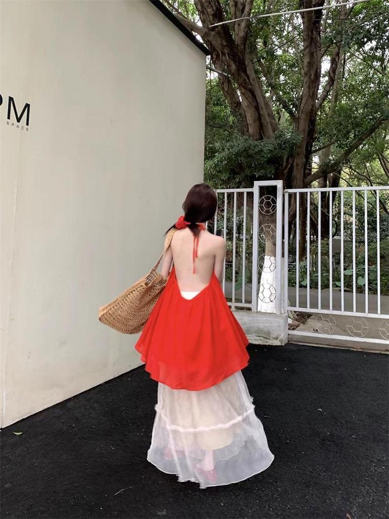 Red Off-the-Shoulder Halterneck Chiffon Top + Wide-Leg Skirt Two-Piece Set