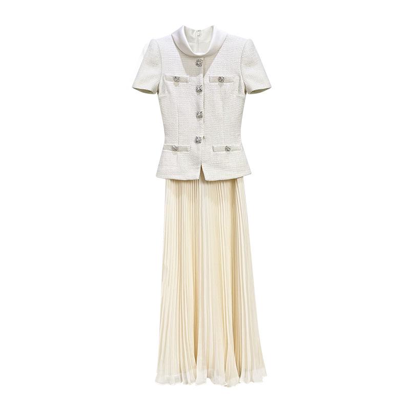 

Elegant Off-White Tweed Patchwork Waist-Cinched Pleated Dress Small грязно-белый