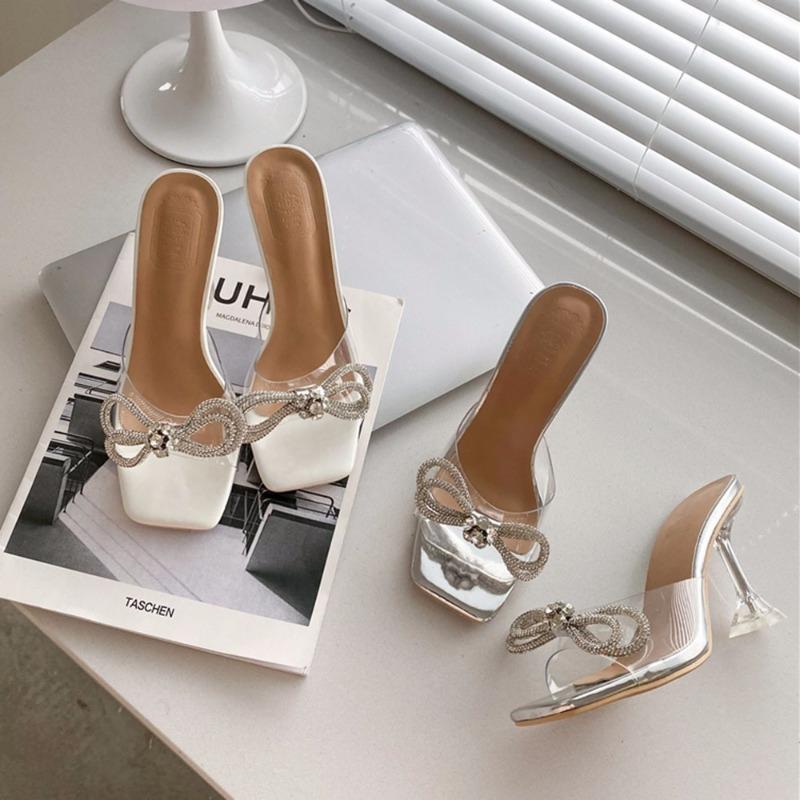 Summer New Style Luxury Sexy Comfortable Banquet Casual Rhinestone Elegant High Heels Bow Women's Slippers Zapatos Mujer