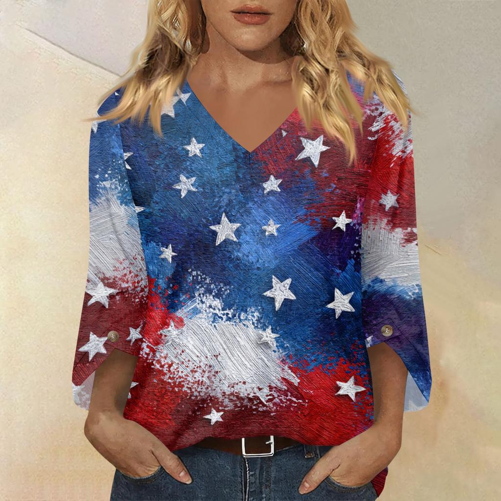 Womens Casual V Neck Three Quarter Sleeve T Shirt Top with Independence Day Inspired Print Loose Fit Lightweight Blouse for Daily Wear