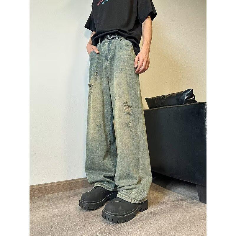 Men'S Retro Washed Vintage Wide Leg Jeans, Men'S Loose Straight Leg Casual Versatile Vibe Hanging Long Pants