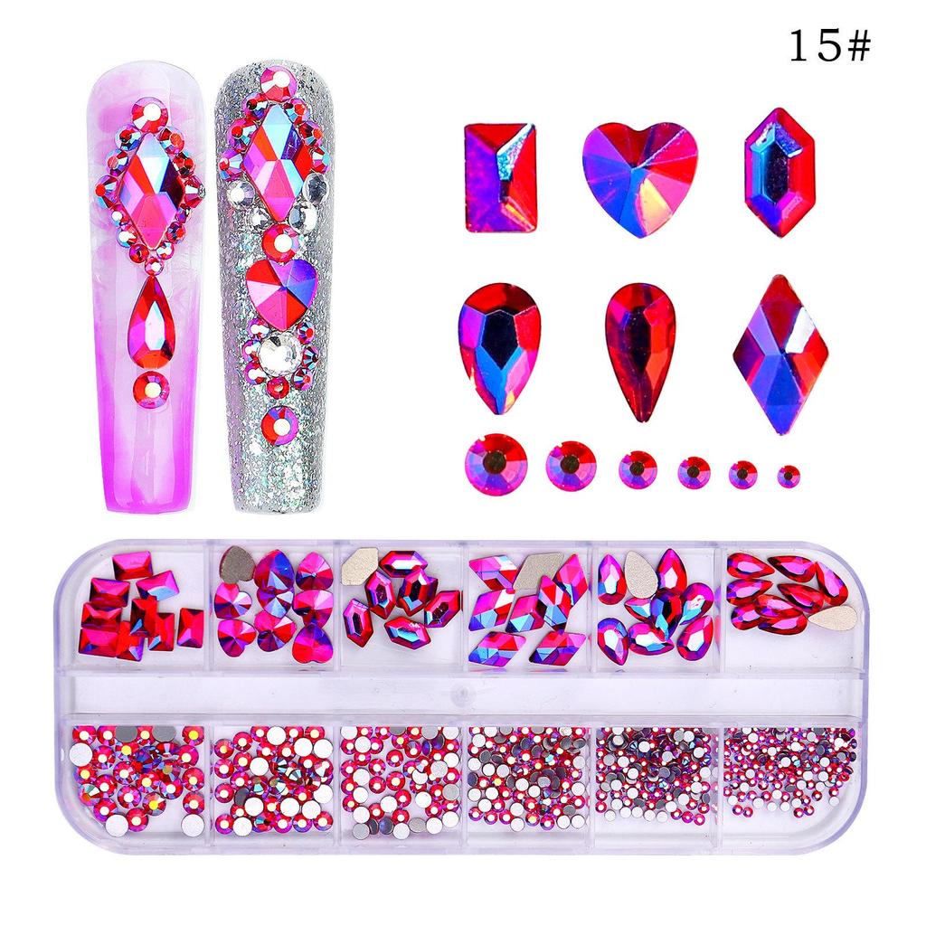 12 Gitter/Box, gemischtes Design, flache Rückseite, Nagel-Strasssteine, 3D-Charms, Stein-Edelsteine, Nagelkunst-Dekorationen