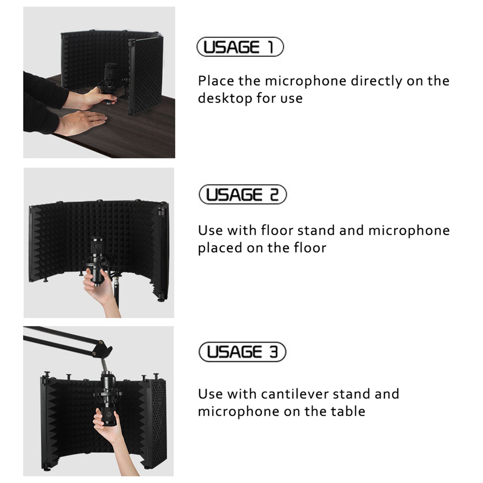 

Foldable Adjustable Sound Absorbing Vocal Recording Panel Portable Isolation Microphone Shield Sound proof Plate 3 panel