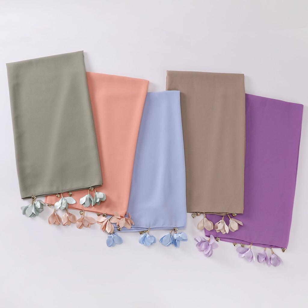 Handmade Alloy Love Flower Chiffon Hijab Beads Scarves Plain Shawls Women Sunscreen Headscarf Head Wrap Hijabs Ramadan Turban
