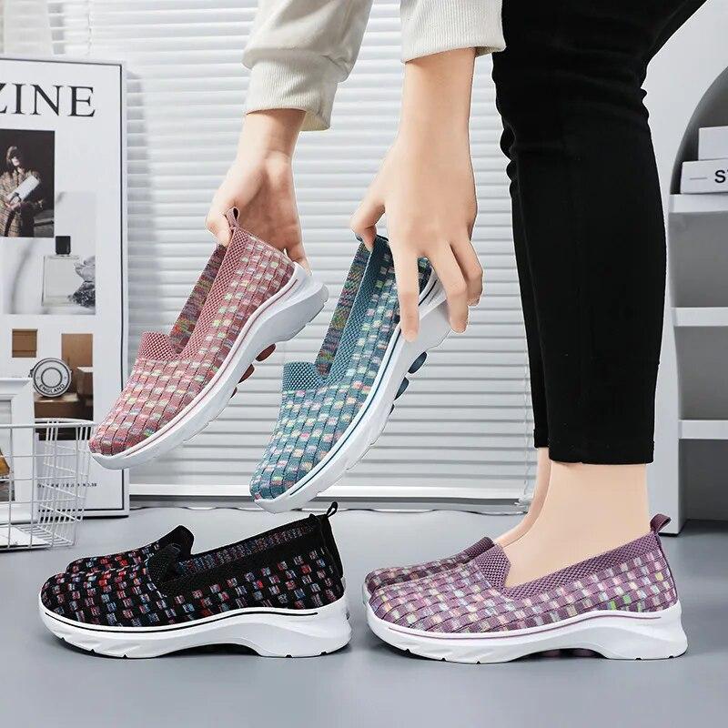 Summer Sneakers Women Shoes Kintting Woven Mom Relax Loafers Walking Flats Tenis Chaussure Femme