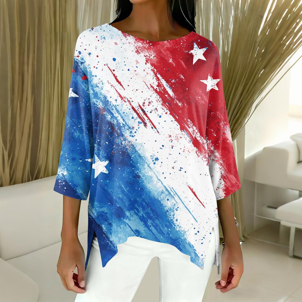 Women's Fashion Independence Day Print Three-Quarter Sleeve Top