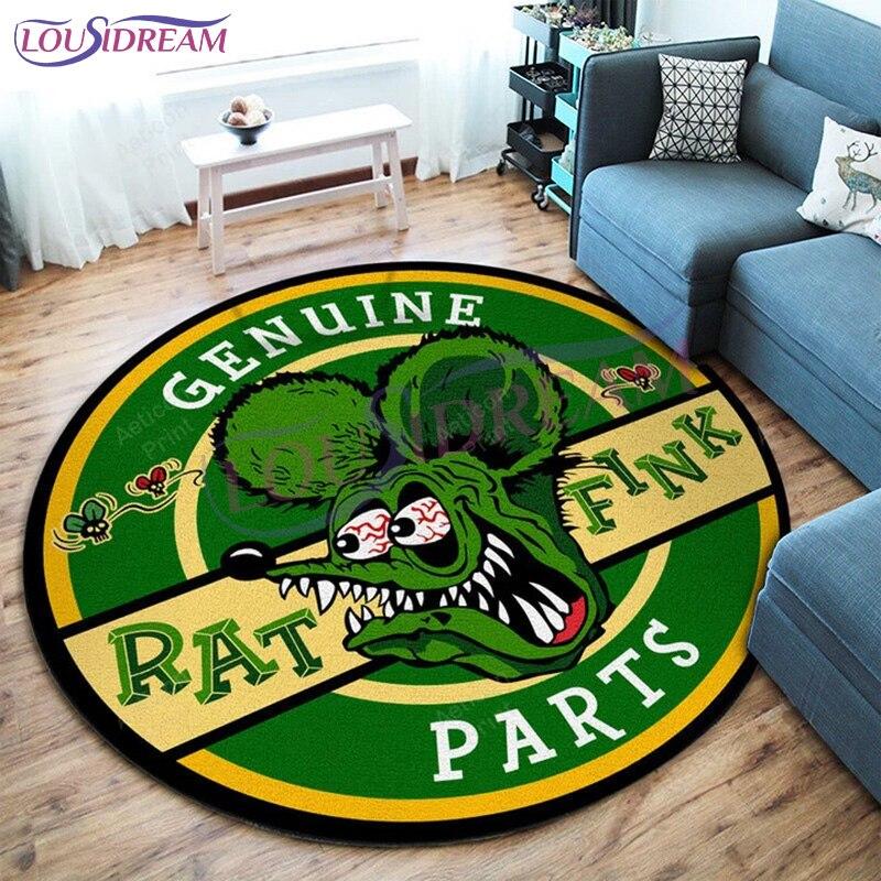 Tappeto Rotondo Garage Hot Rod Rat Fink Retrò, Tappetino Decorativo Artistico Personalizzato, Tappeto da Area Lavabile Antiscivolo per Camera da Letto e Ufficio
