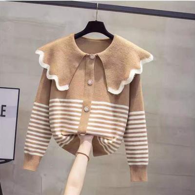 Doll Neck Knitted Cardigan Women 2023 Spring and Autumn New Korean Version Loose Outerwear Top Striped Sweater Cardigan Coat