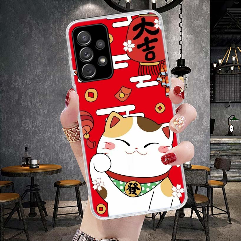 Lucky Cat Maneki Neko Japanese Soft Phone Case For Samsung Galaxy A12 A22 A32 A52 A72 A02S A51 A50S A71 A70 A31 A20S Note 20 Ult