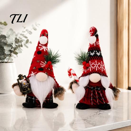 Cute Christmas Souvenirs Plush Gnome Decoration, Nordic Xmas Scandinavian Tomte Elf with Beard Pine Tree Branch for Desk Shelf Fireplace Winter