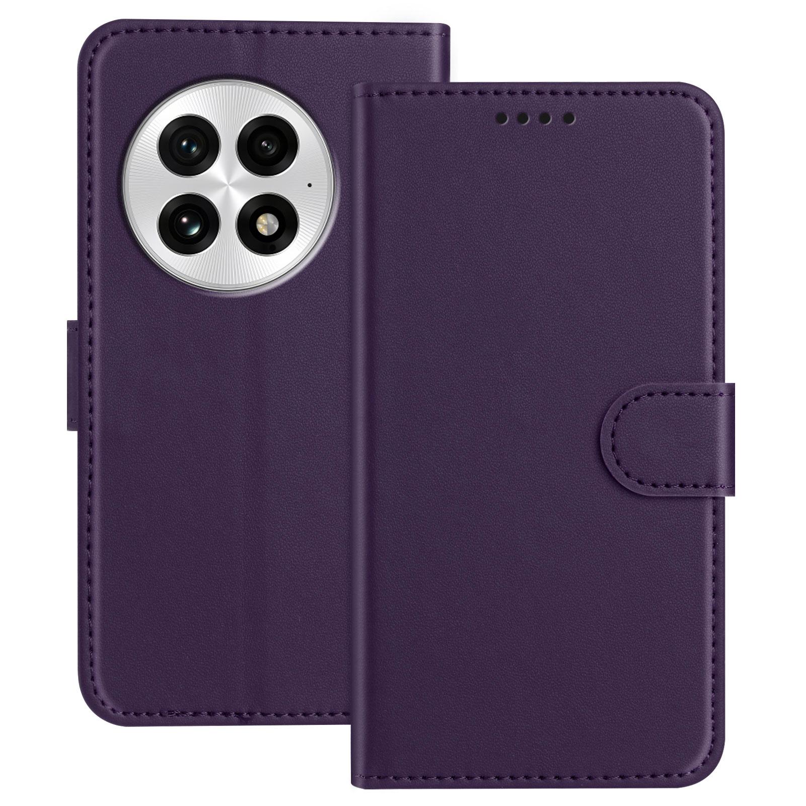 

For OnePlus 13 Leather Case Wallet Stand Solid Color Anti Drop Phone Cover Purple