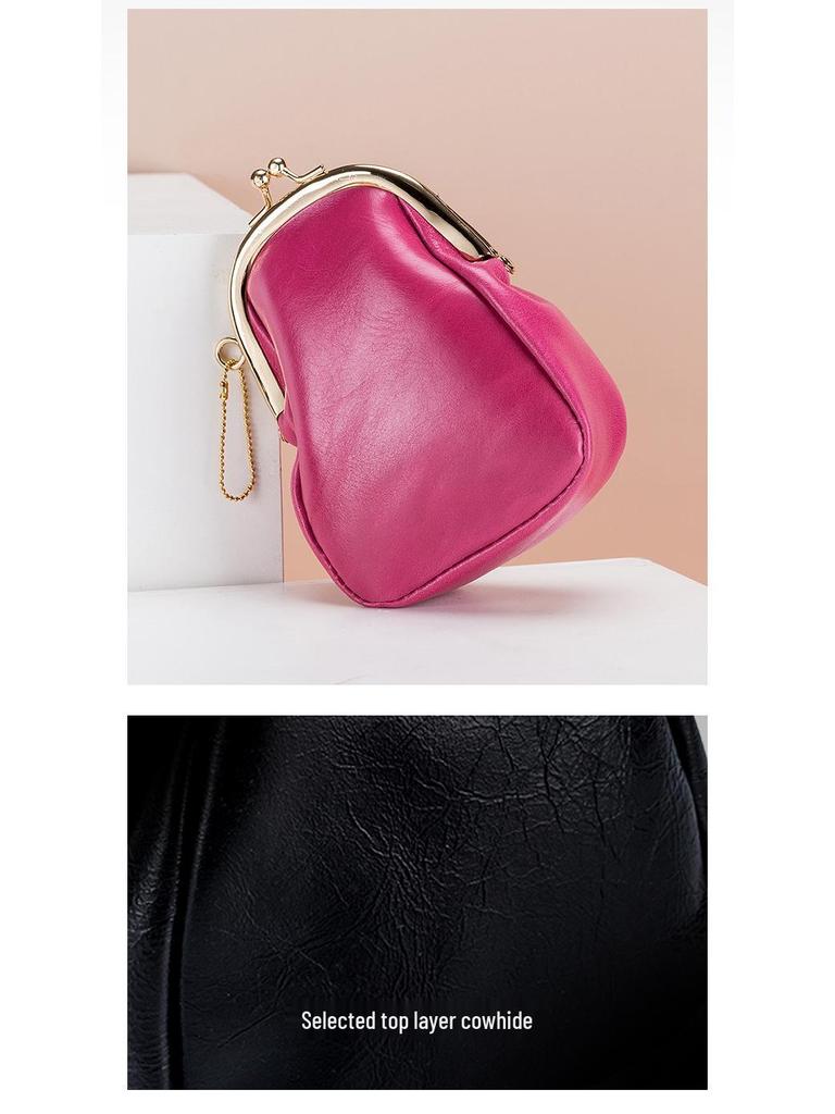 Vintage Leather Kiss Lock Coin and Card Pouch: Mini Earphone Holder Clip Bag