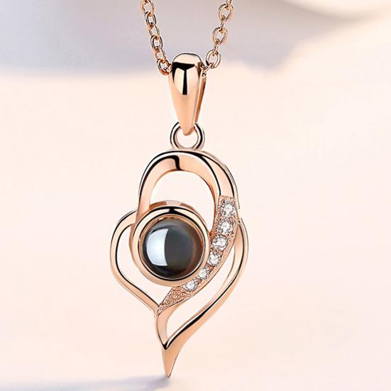 I Love You In 100 Languages Rhinestone Inlaid Hollow Heart Projection Necklace