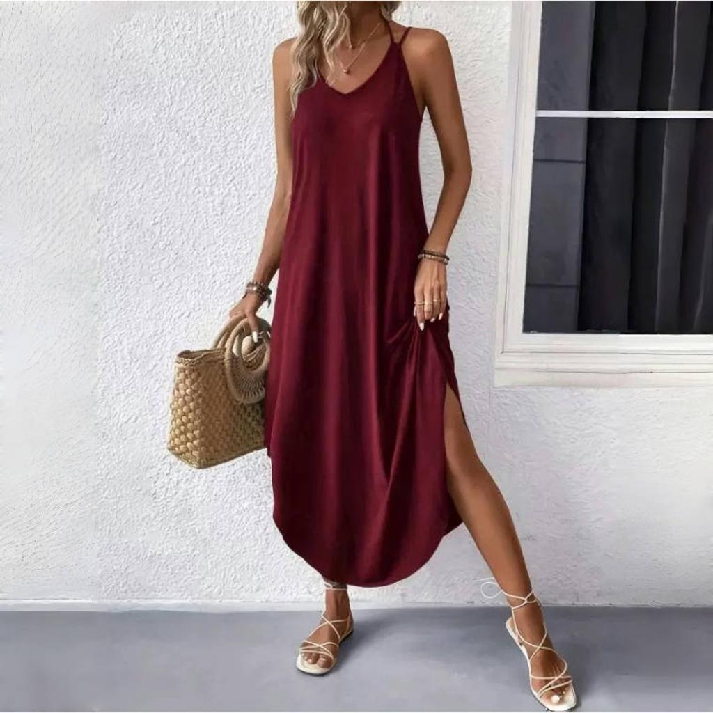 LYRIA Damen Kleider mit geschwungenem Saum, fließend, Sommer, ärmellos, V-Ausschnitt, lockere Passform, langes Kleid, Träger, einfarbig, lässige Alltagskleider, neu