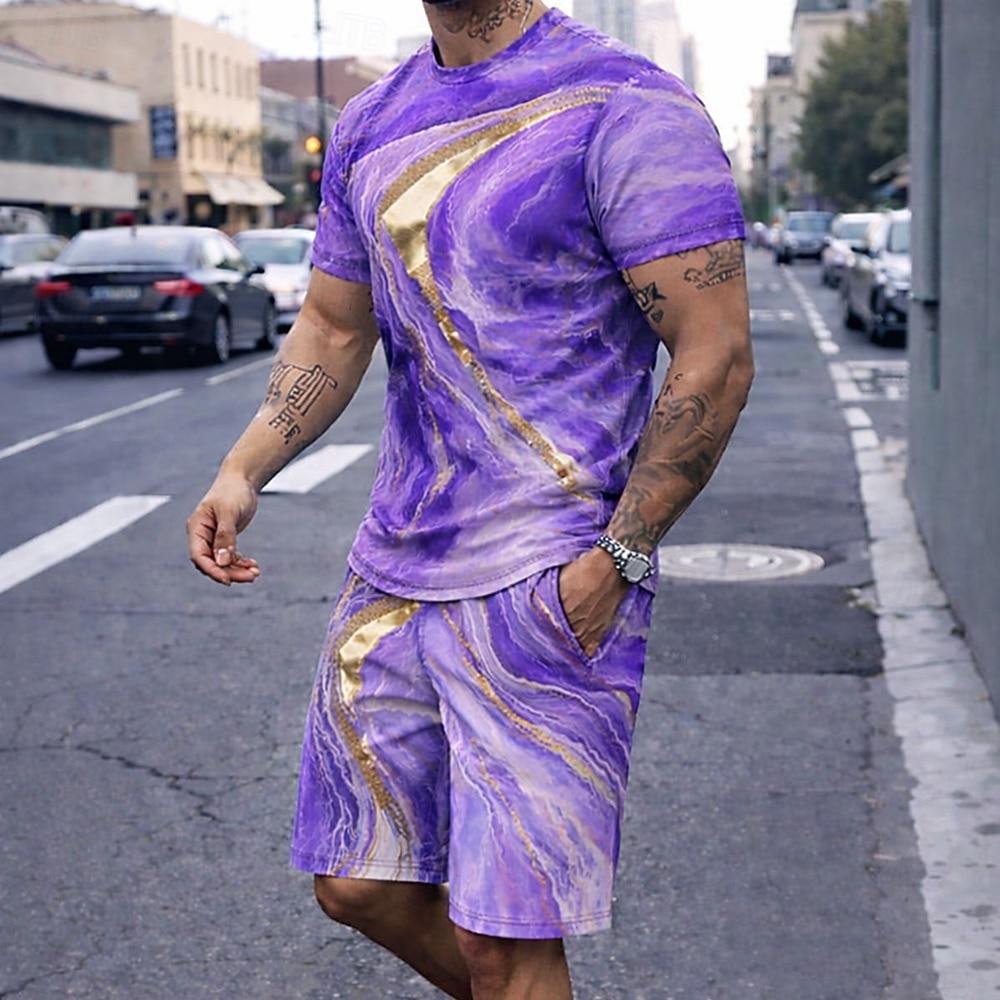 Men's Geometic Marble 2pcs Tees Summer Tops Short Sleeve Short Pants Crew Neck Casual Sets