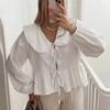 Spring new ins style simple fashion doll collar cotton long-sleeved shirt women's lace-up top Europe and America