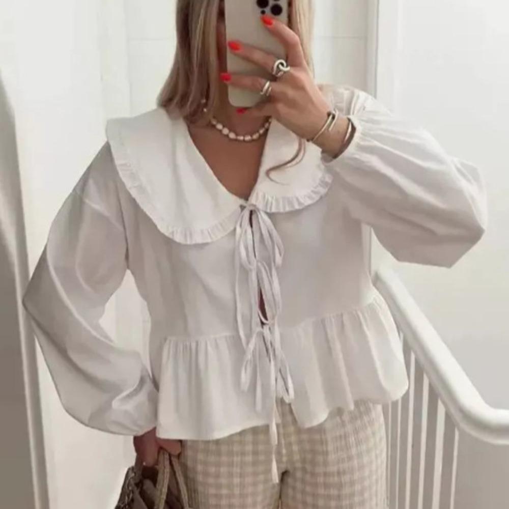 Spring new ins style simple fashion doll collar cotton long-sleeved shirt women's lace-up top Europe and America