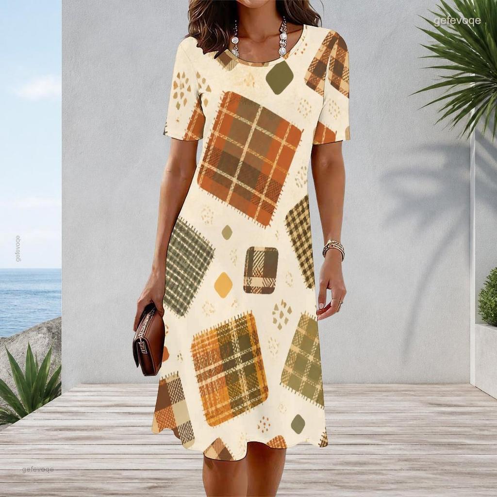 Women Plus Size Round Neck Short Sleeve Geometric Printed A Line Midi Dress