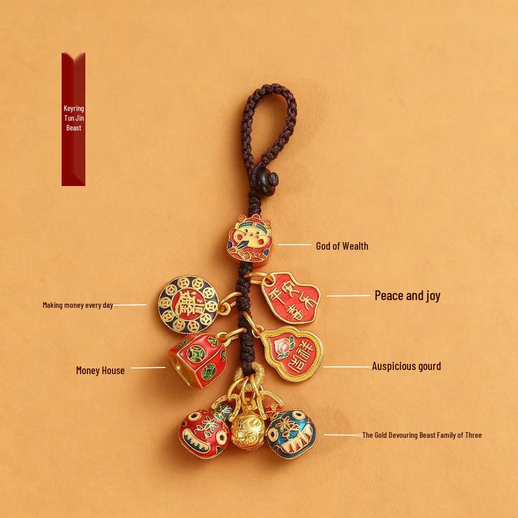 Gold Sand God of Wealth Family Keychain Pendant: Fortune & Gold-Devouring Beast Design