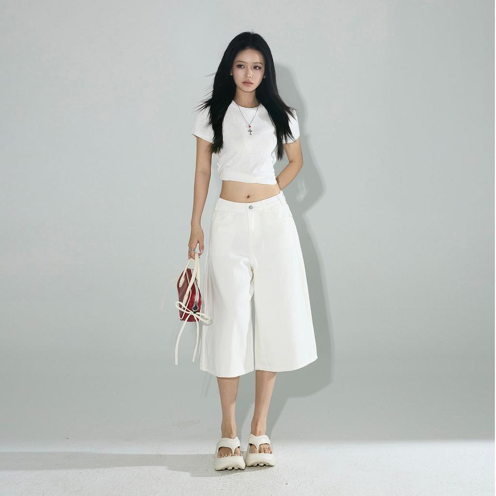 Fashion Summer Four Color Vintage High Waist Loose Wide Leg Straight Slimming Cropped Capri Denim Pants For Women Trendy Versatile AllMatch Design