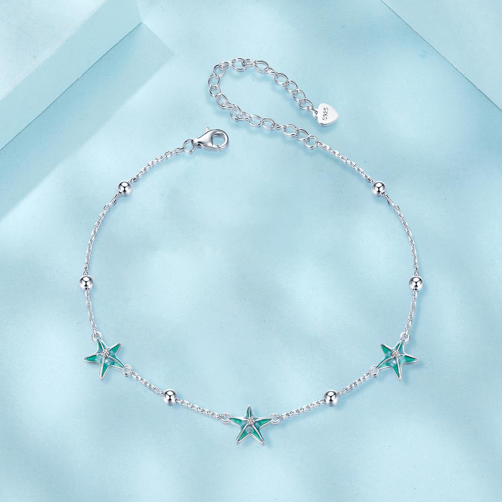 Bamoer 925 Sterling Silver Blue Starfish Bracelet Plated White Gold Adjustable Chain for Women Summer Fine Jewelry Party