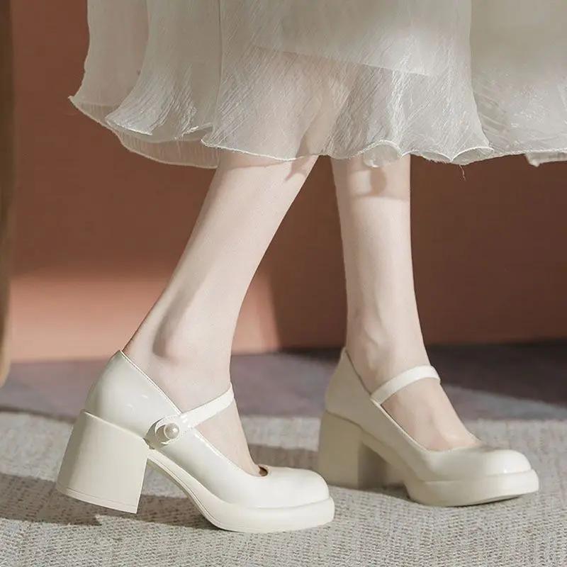 Fashion Pearl with Medium Heels Round Toe Square Gothic Mary Jane Japanese Style Lolita Ladies Footwear Women's Shoes Beau Today on Sale