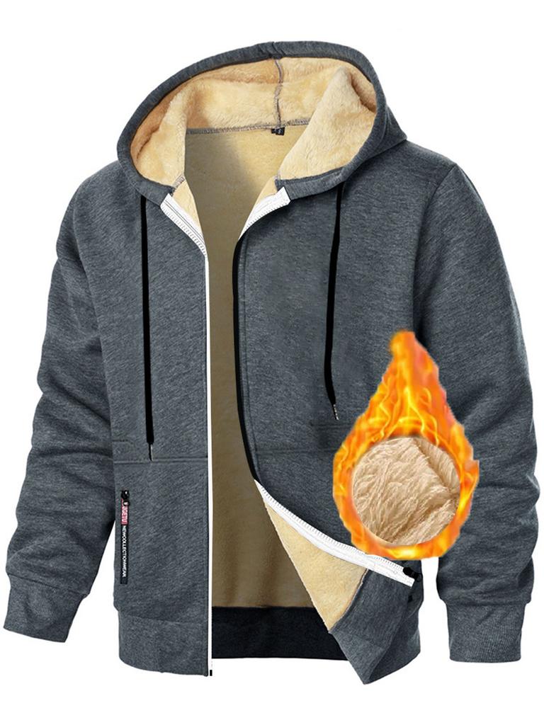 Autumn New Men's Casual Fleece Lined Hooded Zipper Sweatshirt Jacket Solid Color Warm Sportswear Male Fashion Outerwear