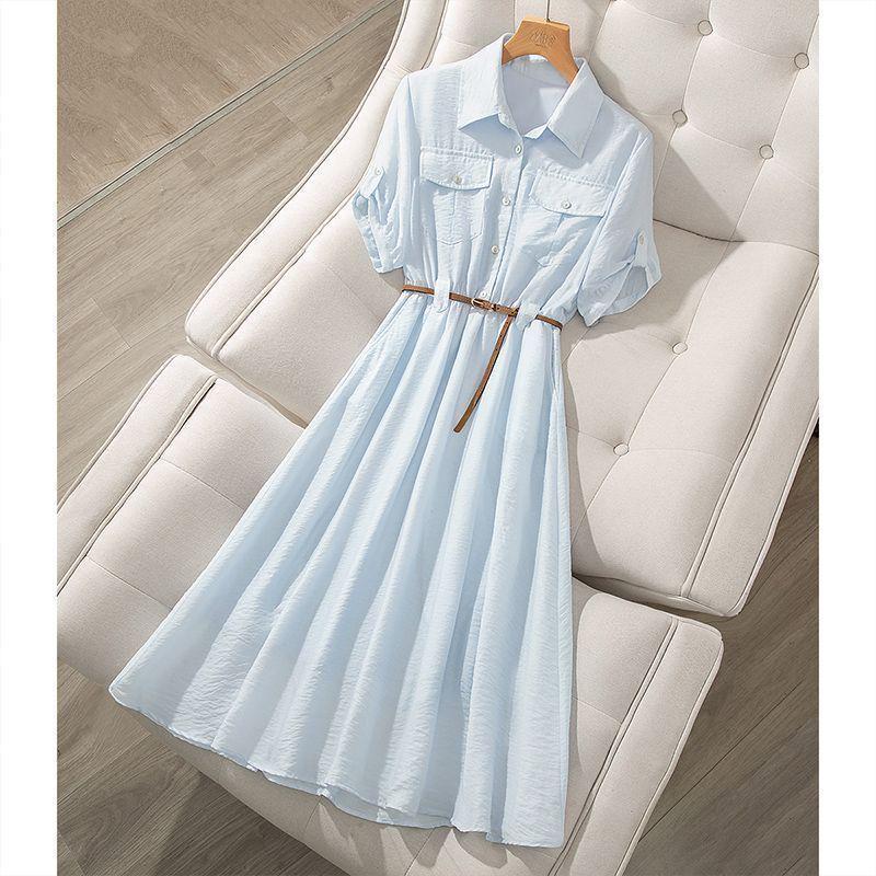 2026 Summer Korean Style Mid-Length Waist-Cinched Short Sleeve Shirt Dress for Women