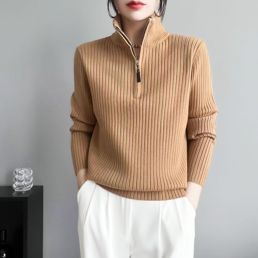 

Осень Зима Однотонный Пуловер Молния Длинный Рукав Свитер Вязаный Элегантная Женская Одежда Полуоткрытый Воротник Всепогодные Топы XXXL