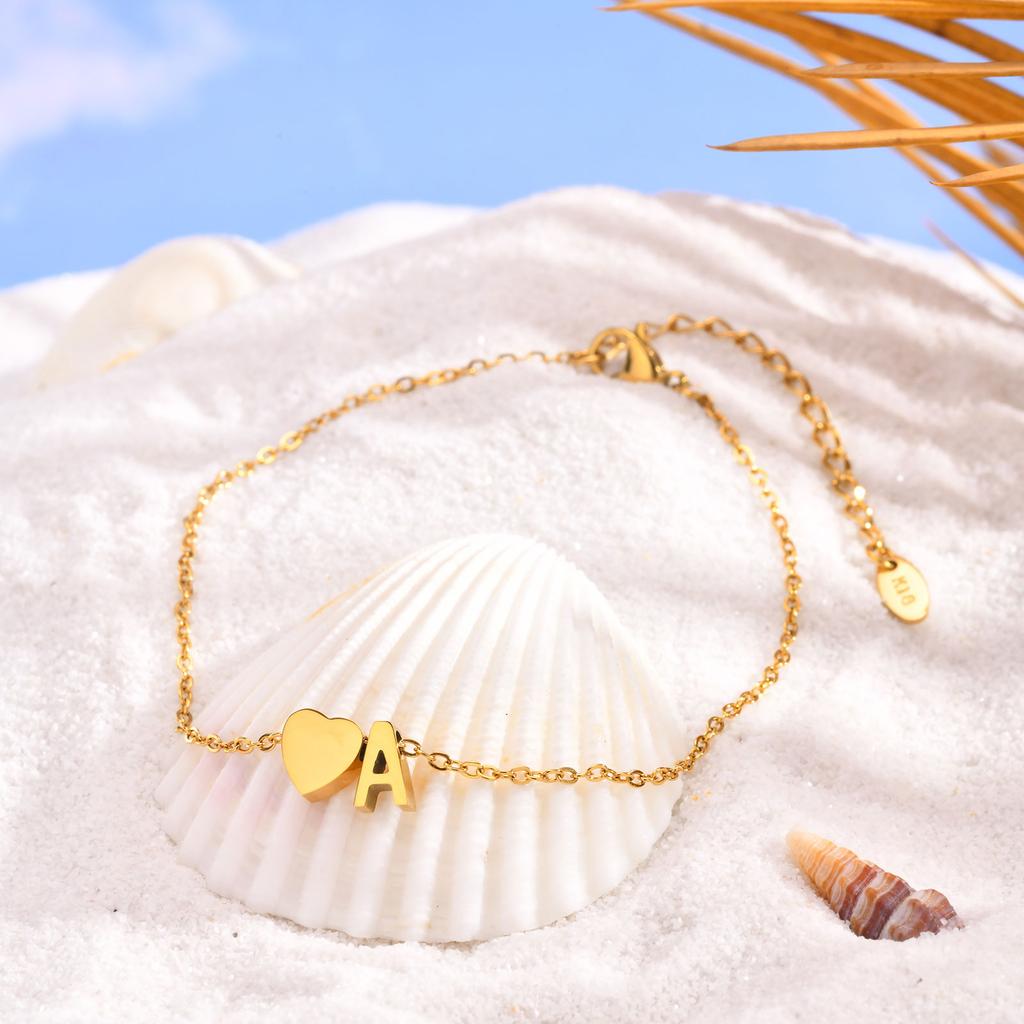 Bohemia A-Z Letter Initial Anklet for Women Gold Color Heart Alphabet Ankle Bracelet Beach Party Travel Fashion Foot Jewelry