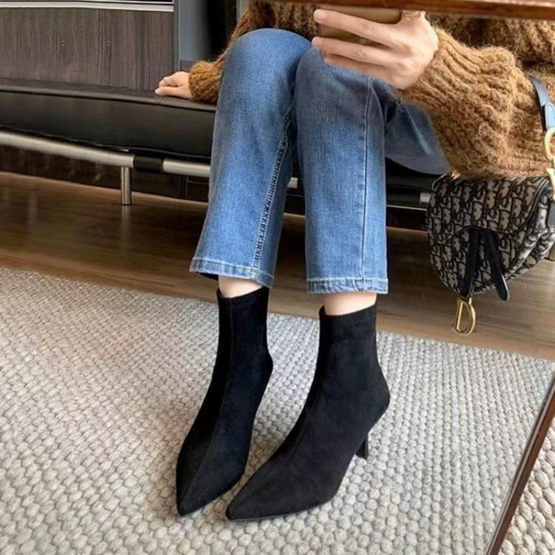 Cowhide version~ high-heeled short boots women's new spring and autumn single boots temperament pointed thin heel suede elastic thin boots