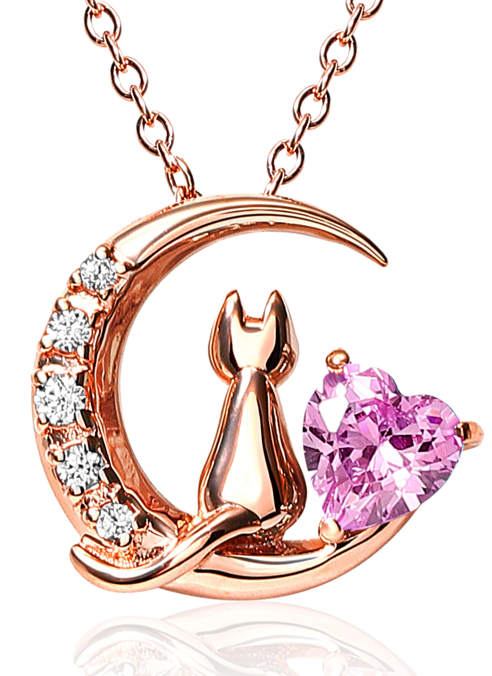 

Cubic Zirconia Silver SV925 Cat Moon Heart Necklace for Women Pink [Petit Chaton] (1-01 Gold-Pink)